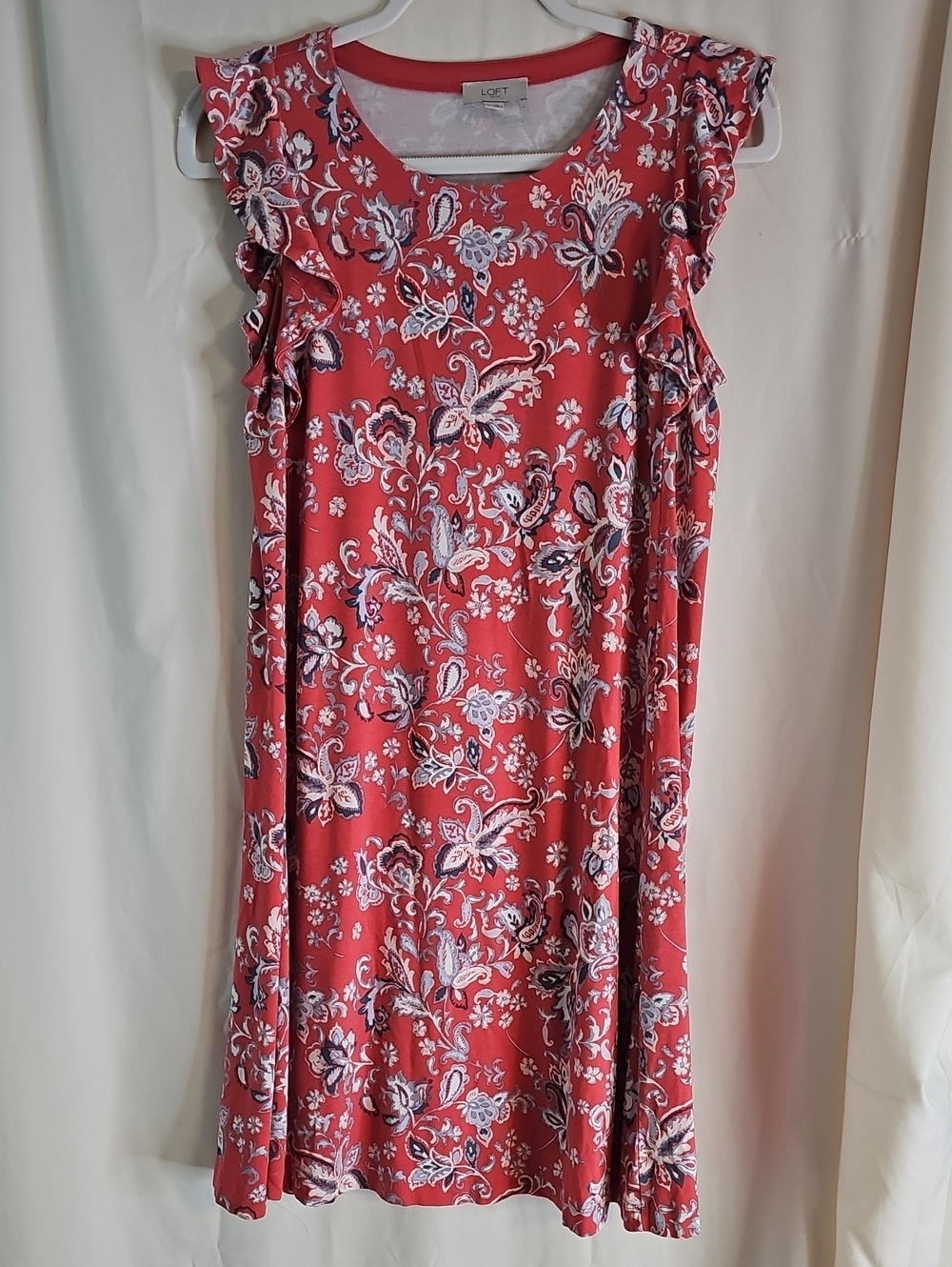 LOFT Red Floral Ruffle-Sleeve Swing Dress